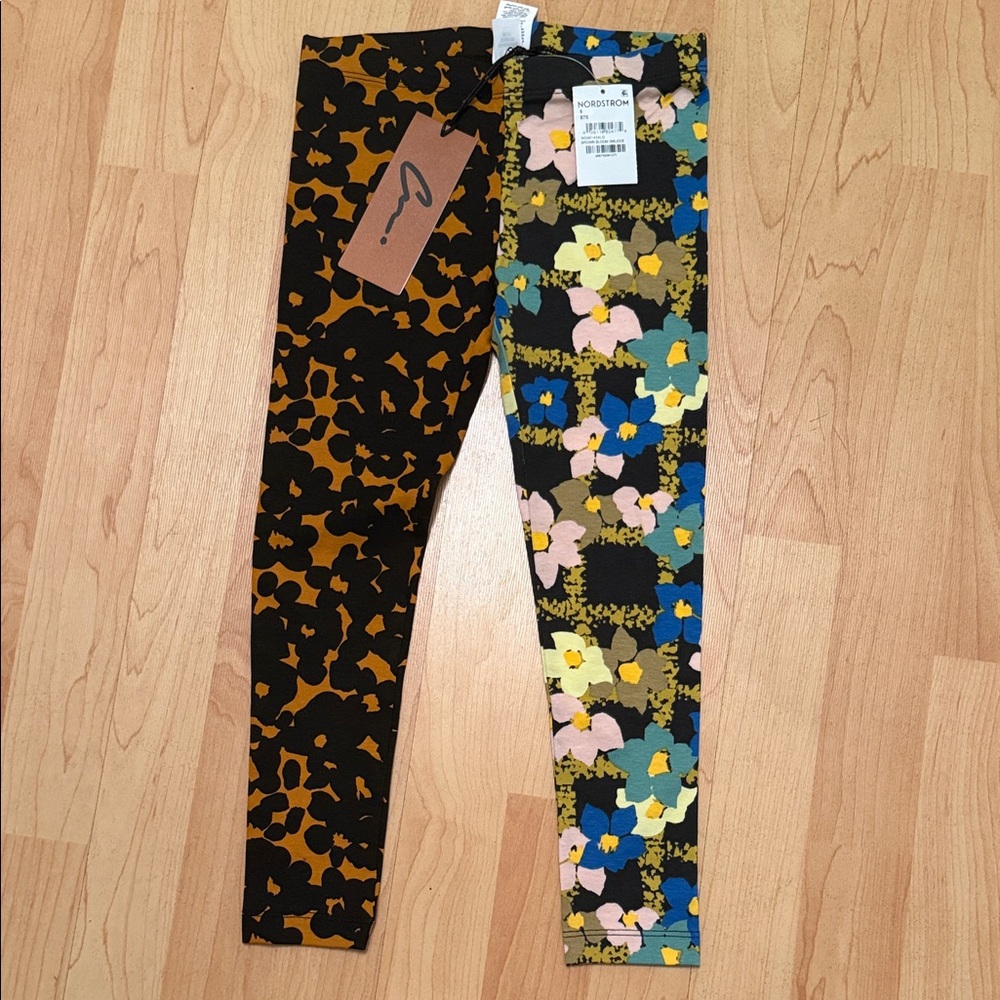 Nordstrom Kids Two-Tone Floral & Leopard Leggings - Black, Mustard & Multicolor